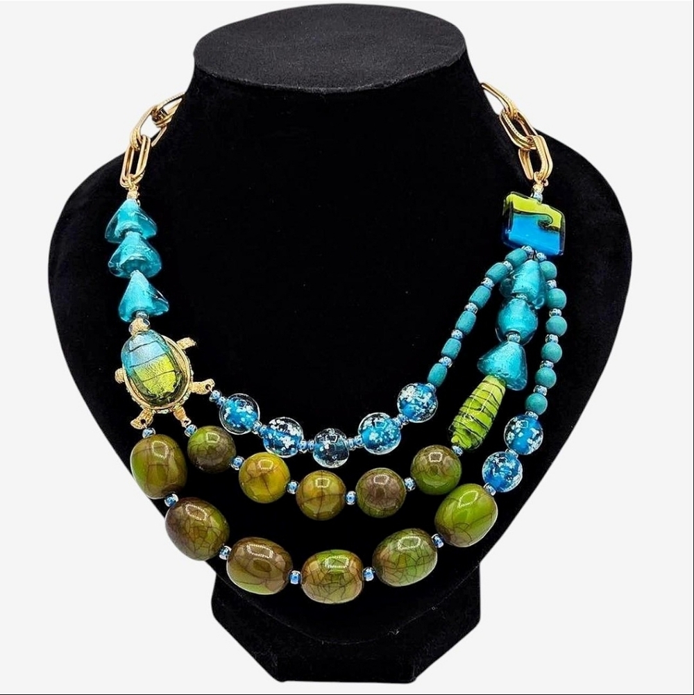 CHICO'S Blue and Green Turtle Statement Glass/Acrylic Necklace‎